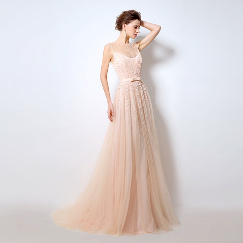 Elegant Sleeveless Illusion - Neckline Tulle Evening Gown with Delicate Embroidered Detailing Prom Dress,LX065