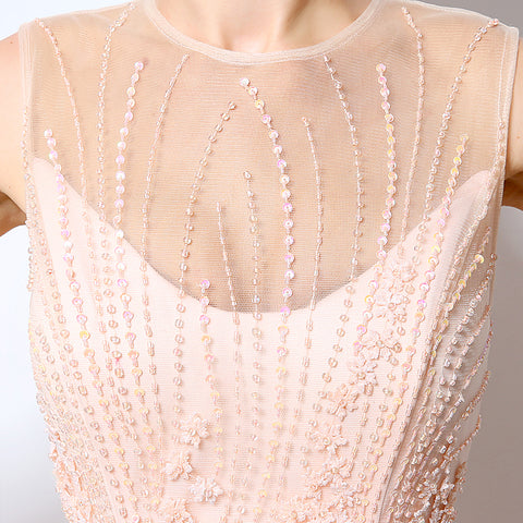 Elegant Sleeveless Illusion - Neckline Tulle Evening Gown with Delicate Embroidered Detailing Prom Dress,LX065
