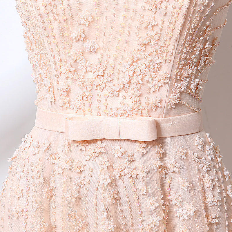 Elegant Sleeveless Illusion - Neckline Tulle Evening Gown with Delicate Embroidered Detailing Prom Dress,LX065