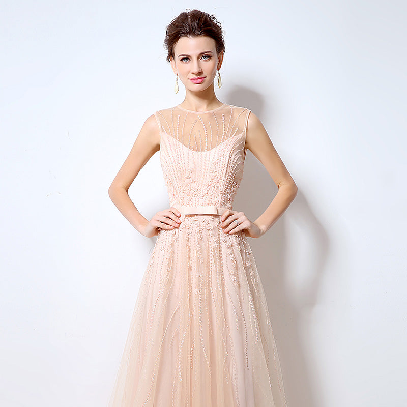 Elegant Sleeveless Illusion - Neckline Tulle Evening Gown with Delicate Embroidered Detailing Prom Dress,LX065