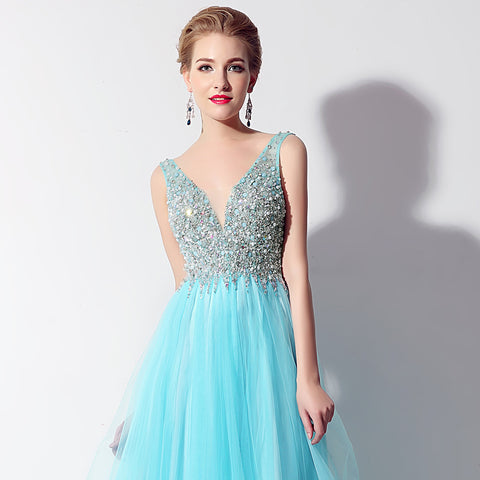 Glamorous Sleeveless V - Neck Aqua Blue Evening Gown with Sparkling Beaded Bodice & Flowing Tulle Prom Dress,LX066