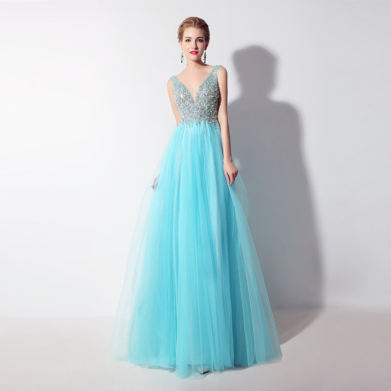 Glamorous Sleeveless V - Neck Aqua Blue Evening Gown with Sparkling Beaded Bodice & Flowing Tulle Prom Dress,LX066