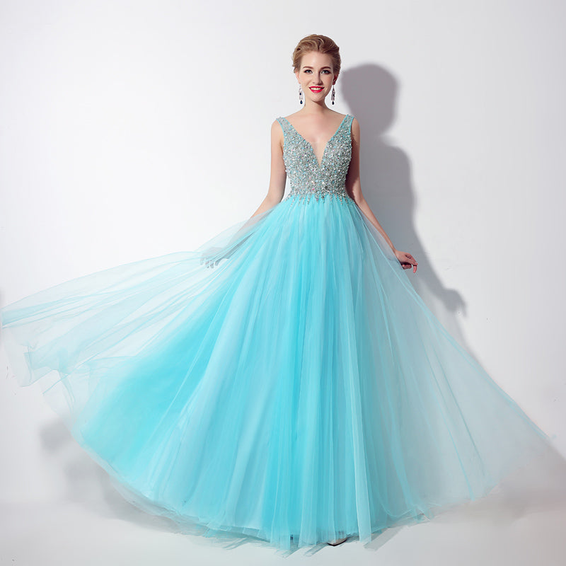 Glamorous Sleeveless V - Neck Aqua Blue Evening Gown with Sparkling Beaded Bodice & Flowing Tulle Prom Dress,LX066