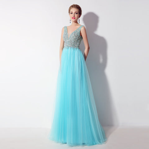 Glamorous Sleeveless V - Neck Aqua Blue Evening Gown with Sparkling Beaded Bodice & Flowing Tulle Prom Dress,LX066