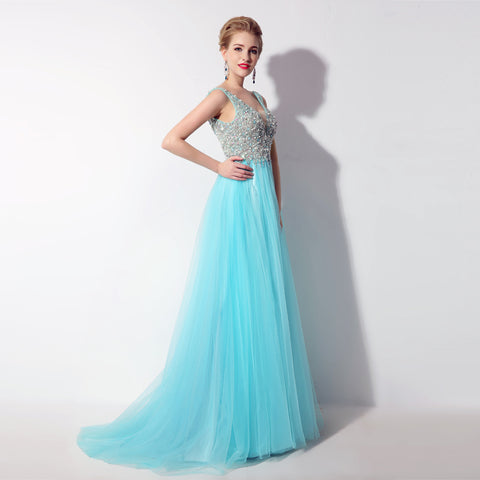 Glamorous Sleeveless V - Neck Aqua Blue Evening Gown with Sparkling Beaded Bodice & Flowing Tulle Prom Dress,LX066