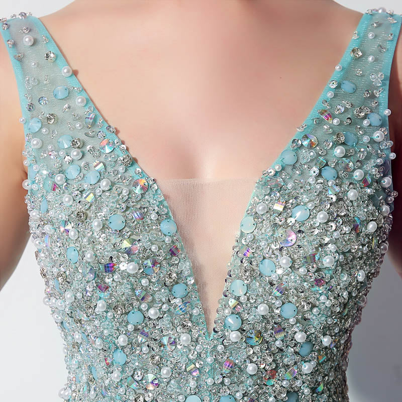 Glamorous Sleeveless V - Neck Aqua Blue Evening Gown with Sparkling Beaded Bodice & Flowing Tulle Prom Dress,LX066