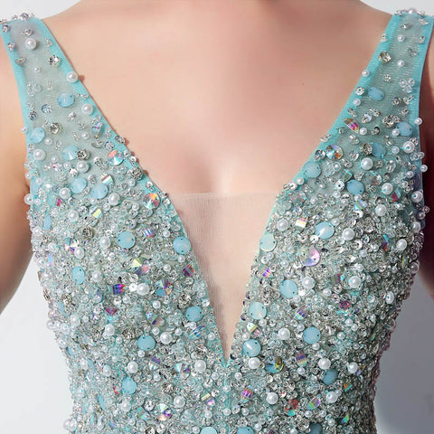 Glamorous Sleeveless V - Neck Aqua Blue Evening Gown with Sparkling Beaded Bodice & Flowing Tulle Prom Dress,LX066