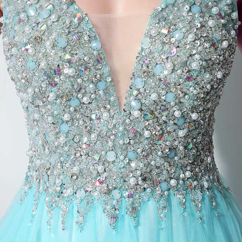 Glamorous Sleeveless V - Neck Aqua Blue Evening Gown with Sparkling Beaded Bodice & Flowing Tulle Prom Dress,LX066