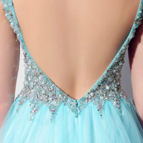 Glamorous Sleeveless V - Neck Aqua Blue Evening Gown with Sparkling Beaded Bodice & Flowing Tulle Prom Dress,LX066