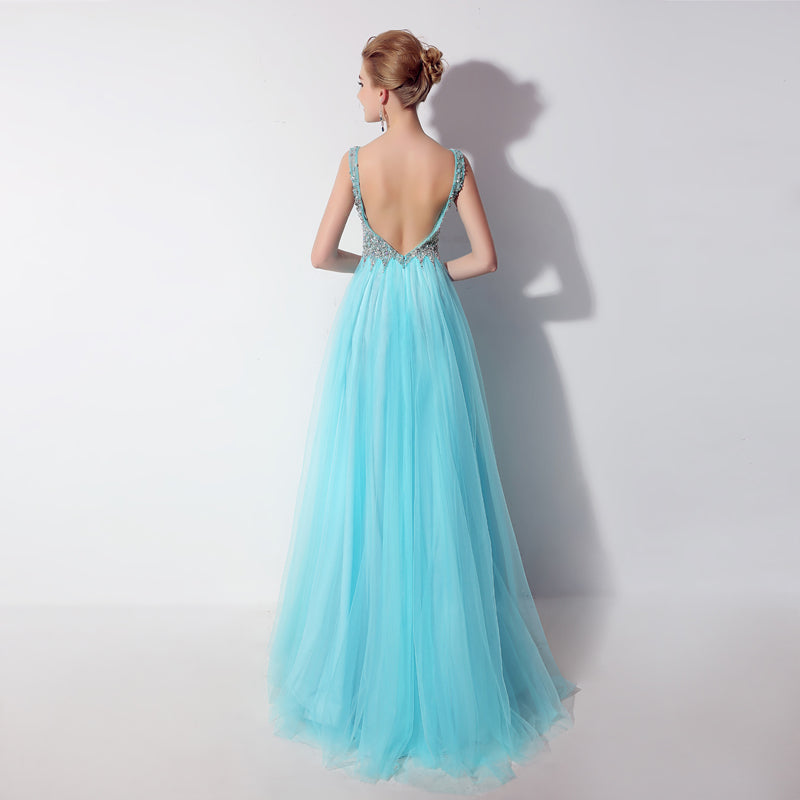 Glamorous Sleeveless V - Neck Aqua Blue Evening Gown with Sparkling Beaded Bodice & Flowing Tulle Prom Dress,LX066