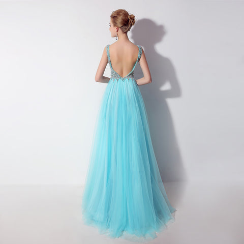 Glamorous Sleeveless V - Neck Aqua Blue Evening Gown with Sparkling Beaded Bodice & Flowing Tulle Prom Dress,LX066