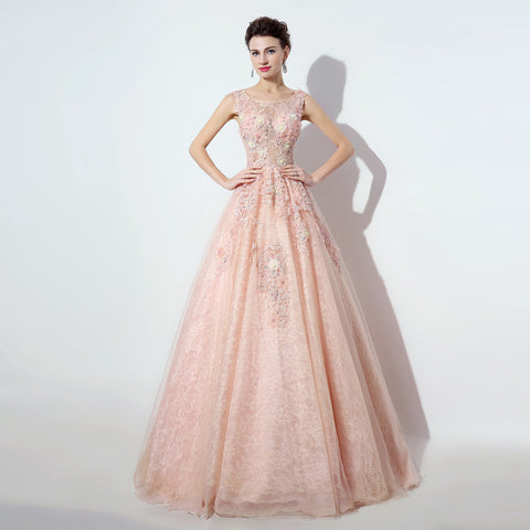 Enchanting Sleeveless Round - Neck Pink Ball Gown with Exquisite Floral Embroidery & Fluffy Tulle Prom Dress,LX069
