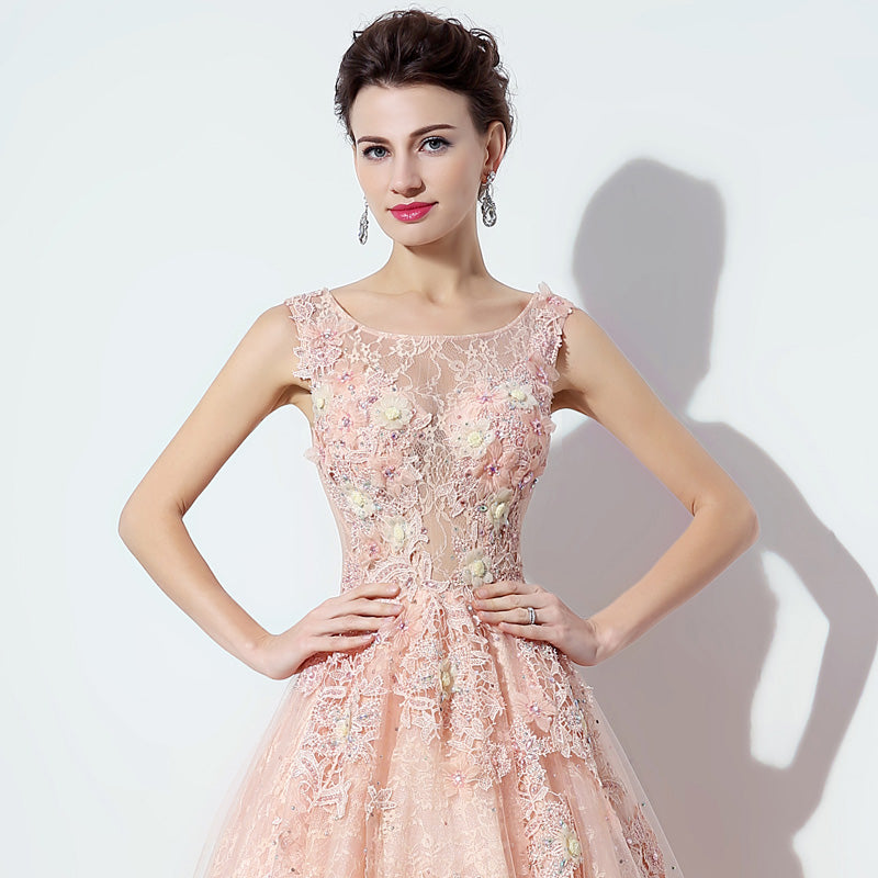 Enchanting Sleeveless Round - Neck Pink Ball Gown with Exquisite Floral Embroidery & Fluffy Tulle Prom Dress,LX069