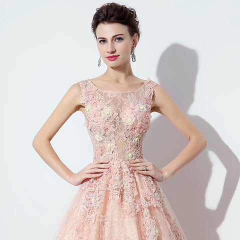Enchanting Sleeveless Round - Neck Pink Ball Gown with Exquisite Floral Embroidery & Fluffy Tulle Prom Dress,LX069