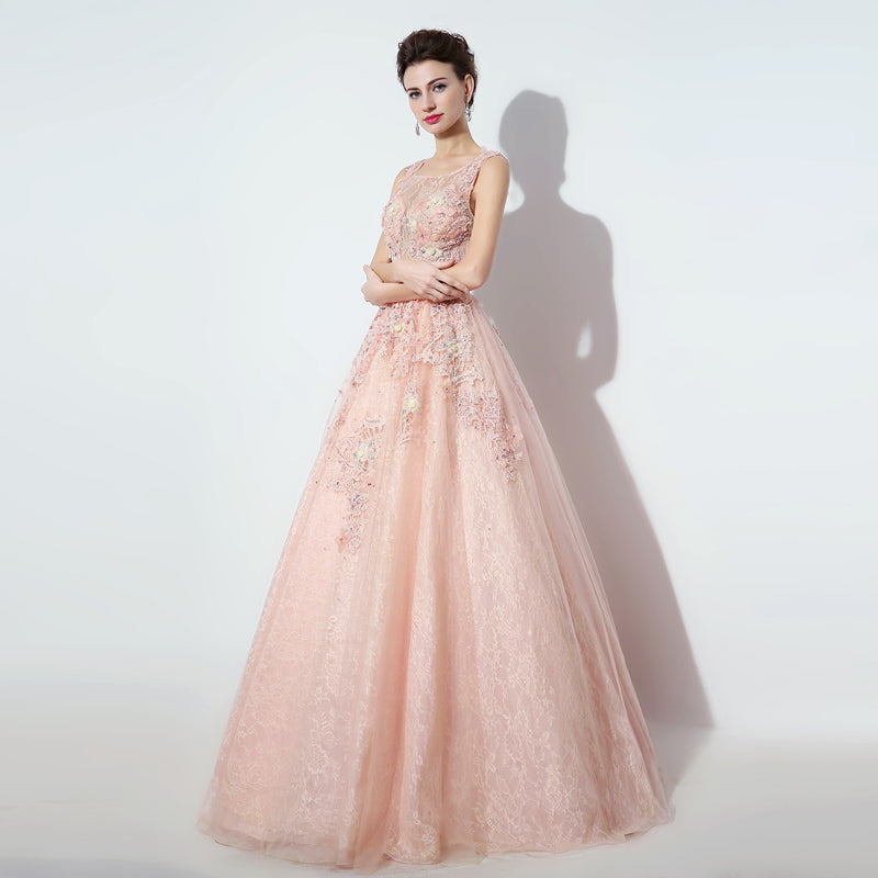 Enchanting Sleeveless Round - Neck Pink Ball Gown with Exquisite Floral Embroidery & Fluffy Tulle Prom Dress,LX069