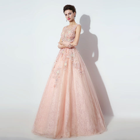 Enchanting Sleeveless Round - Neck Pink Ball Gown with Exquisite Floral Embroidery & Fluffy Tulle Prom Dress,LX069