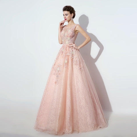 Enchanting Sleeveless Round - Neck Pink Ball Gown with Exquisite Floral Embroidery & Fluffy Tulle Prom Dress,LX069