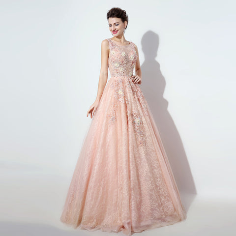 Enchanting Sleeveless Round - Neck Pink Ball Gown with Exquisite Floral Embroidery & Fluffy Tulle Prom Dress,LX069