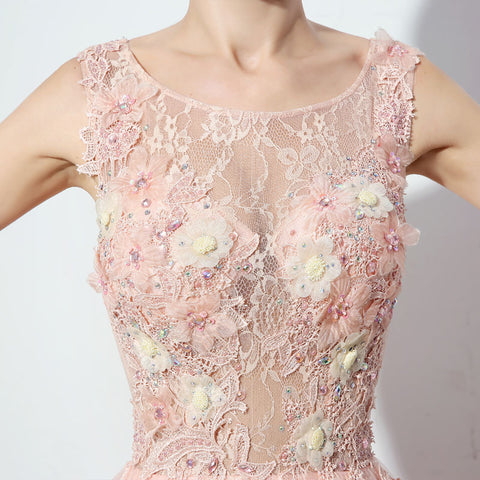 Enchanting Sleeveless Round - Neck Pink Ball Gown with Exquisite Floral Embroidery & Fluffy Tulle Prom Dress,LX069