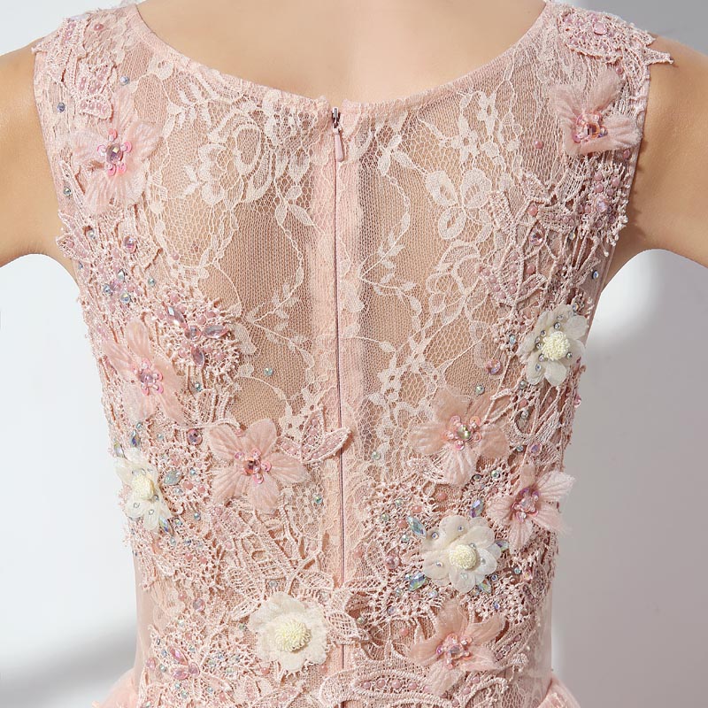 Enchanting Sleeveless Round - Neck Pink Ball Gown with Exquisite Floral Embroidery & Fluffy Tulle Prom Dress,LX069