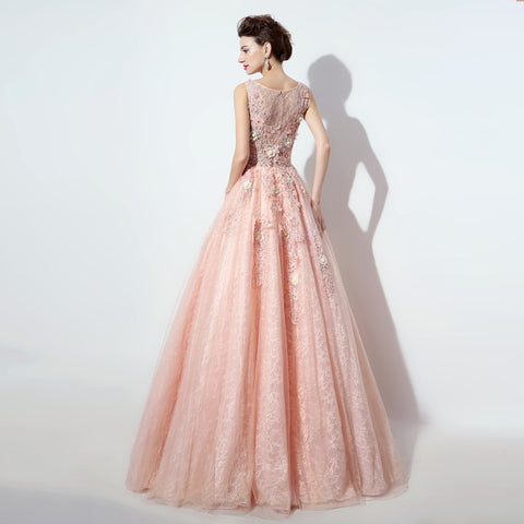 Enchanting Sleeveless Round - Neck Pink Ball Gown with Exquisite Floral Embroidery & Fluffy Tulle Prom Dress,LX069