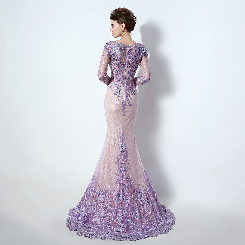 Sophisticated Long - Sleeved Illusion - Neckline Lilac Sheath Dress with Intricate Lace Embroidery Prom Dress,LX073