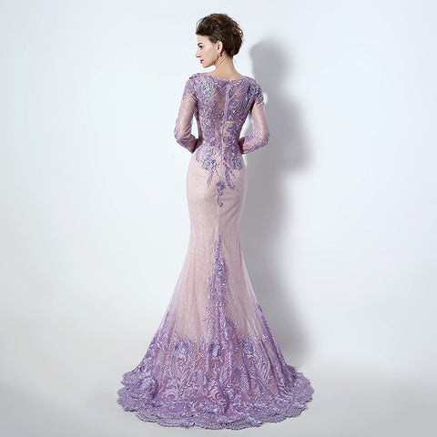 Sophisticated Long - Sleeved Illusion - Neckline Lilac Sheath Dress with Intricate Lace Embroidery Prom Dress,LX073