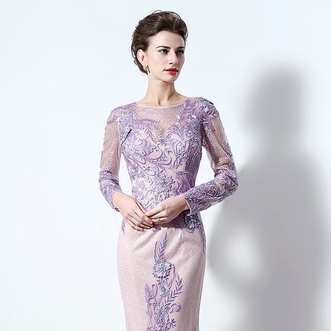 Sophisticated Long - Sleeved Illusion - Neckline Lilac Sheath Dress with Intricate Lace Embroidery Prom Dress,LX073