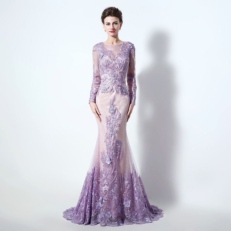 Sophisticated Long - Sleeved Illusion - Neckline Lilac Sheath Dress with Intricate Lace Embroidery Prom Dress,LX073
