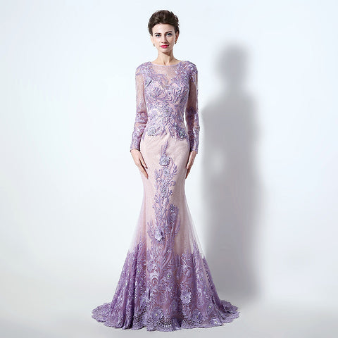Sophisticated Long - Sleeved Illusion - Neckline Lilac Sheath Dress with Intricate Lace Embroidery Prom Dress,LX073