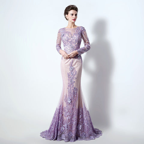 Sophisticated Long - Sleeved Illusion - Neckline Lilac Sheath Dress with Intricate Lace Embroidery Prom Dress,LX073