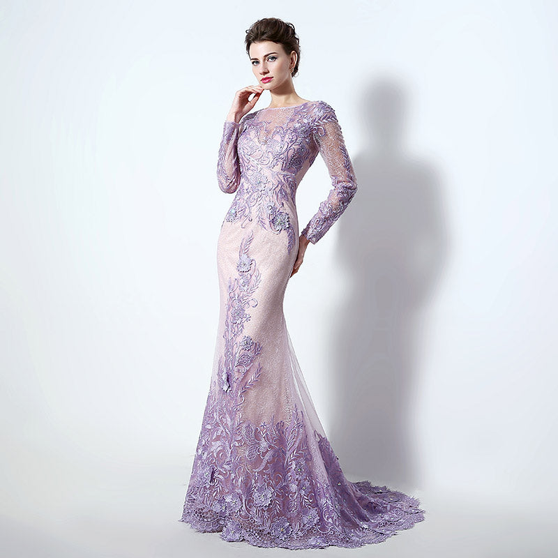 Sophisticated Long - Sleeved Illusion - Neckline Lilac Sheath Dress with Intricate Lace Embroidery Prom Dress,LX073