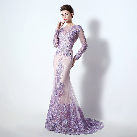 Sophisticated Long - Sleeved Illusion - Neckline Lilac Sheath Dress with Intricate Lace Embroidery Prom Dress,LX073