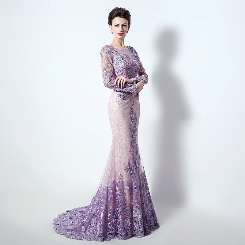 Sophisticated Long - Sleeved Illusion - Neckline Lilac Sheath Dress with Intricate Lace Embroidery Prom Dress,LX073