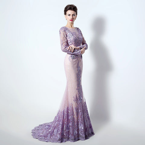 Sophisticated Long - Sleeved Illusion - Neckline Lilac Sheath Dress with Intricate Lace Embroidery Prom Dress,LX073