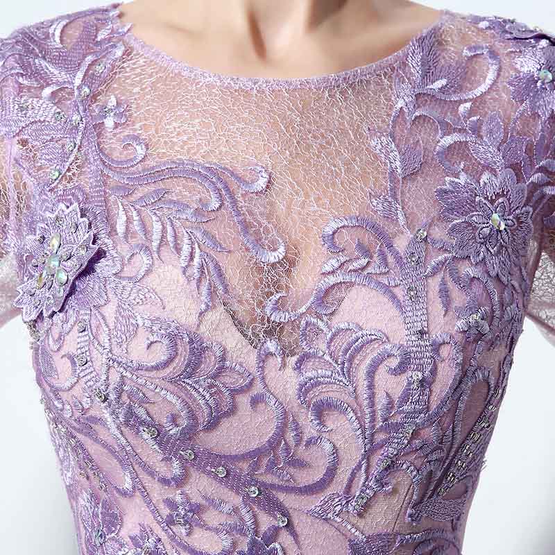 Sophisticated Long - Sleeved Illusion - Neckline Lilac Sheath Dress with Intricate Lace Embroidery Prom Dress,LX073