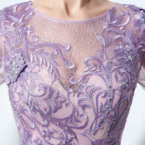 Sophisticated Long - Sleeved Illusion - Neckline Lilac Sheath Dress with Intricate Lace Embroidery Prom Dress,LX073