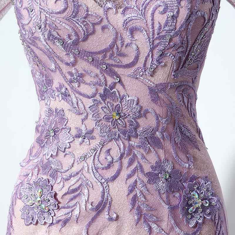 Sophisticated Long - Sleeved Illusion - Neckline Lilac Sheath Dress with Intricate Lace Embroidery Prom Dress,LX073