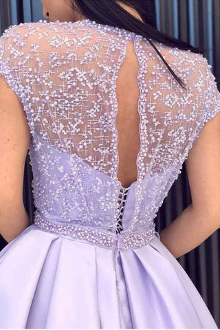 A-line Satin  Beaded Long Prom Dresses, Evening Dresses With Slit