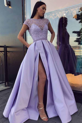 A-line Satin  Beaded Long Prom Dresses, Evening Dresses With Slit