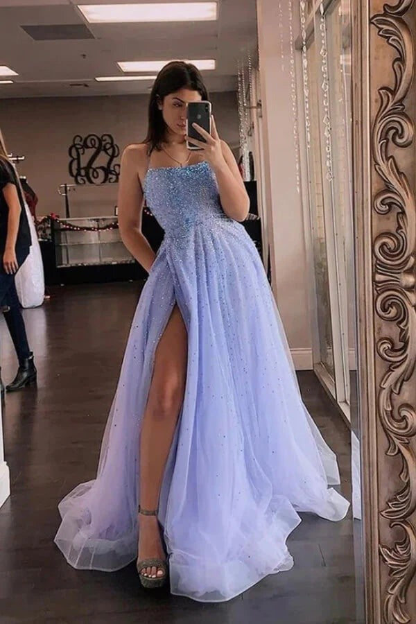 A-line Tulle Beaded Long Prom Dresses With Slit