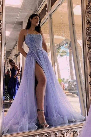 A-line Tulle Beaded Long Prom Dresses With Slit