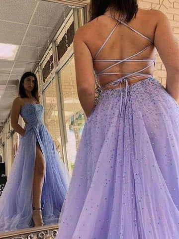 A-line Tulle Beaded Long Prom Dresses With Slit