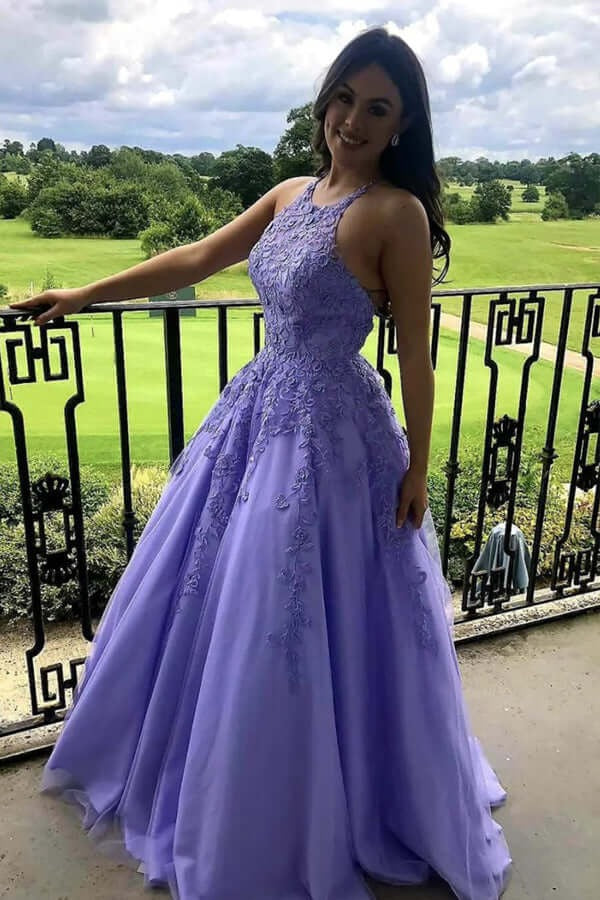 A-line Tulle Halter Lace Appliqued Prom Dresses, Evening Dress