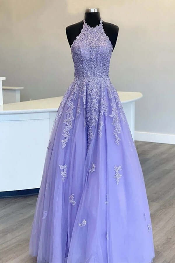 A-line Tulle Halter Lace Appliqued Prom Dresses, Evening Dress