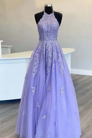 A-line Tulle Halter Lace Appliqued Prom Dresses, Evening Dress