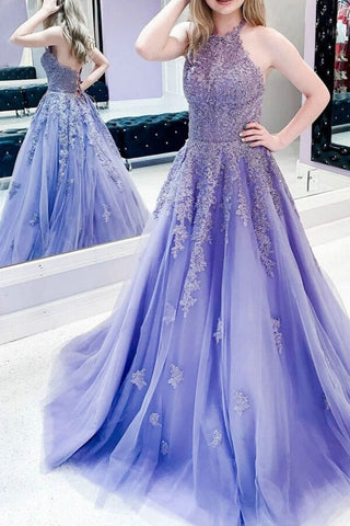 A-line Tulle Halter Lace Appliqued Prom Dresses, Evening Dress