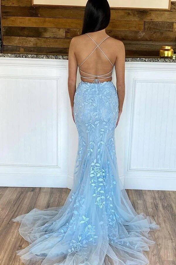 Two Piece Mermaid  Scoop Neck Lace Appliques Prom Dresses