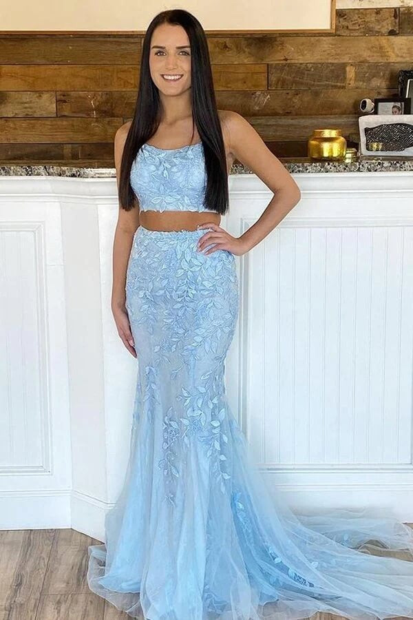 Two Piece Mermaid  Scoop Neck Lace Appliques Prom Dresses