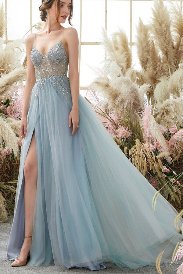 A-line V-neck Tulle  Spaghetti Straps Beaded Long Prom Dresses